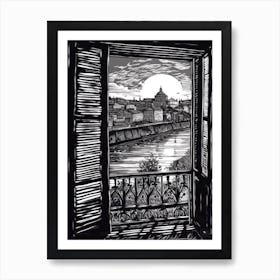 Window View Of Budapest Hungary   Black And White Colouring Pages Line Art 1 Art Print