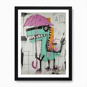 Dinosaur In The Rain Holding An Umbrella Teal Purple 1 Art Print