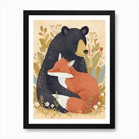 American Black Bear And A Fox Storybook Illustration 2 Art Print