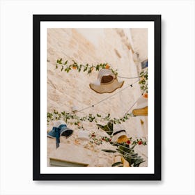 Hats And Flowers hanging in the streets in Puglia, Italy | travel photography Art Print