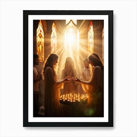 Candlelight Vigil During Spiritual Celebration Rays Of Soft Golden Light Breaking Through Stained G (4) Art Print