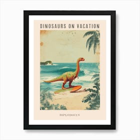 Vintage Diplodocus Dinosaur On A Surf Board 3 Poster Art Print
