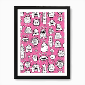 Happy Funky Monsters and Aliens Black and White on Hot Pink Kids Art Print