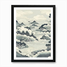 Aogashima Island In Tokyo, Ukiyo E Black And White Line Art Drawing 3 Art Print