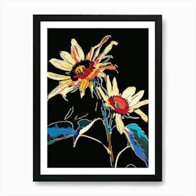Neon Flowers On Black Sunflower 4 Art Print