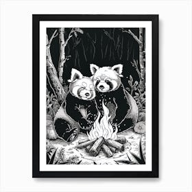 Red Pandas Sitting Together By A Campfire Ink Illustration 1 Art Print