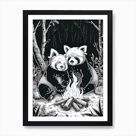 Red Pandas Sitting Together By A Campfire Ink Illustration 1 Affiche