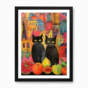 Two Black Cats With Colourful Fruit In Front Of A City Scape Art Print