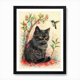 Cat With Hummingbird Art Print