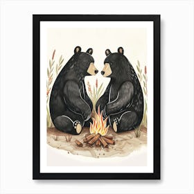 American Black Bear Two Bears Sitting Together Storybook Illustration 4 Art Print