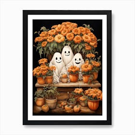 Cute Bedsheet Ghost, Botanical Halloween Watercolour 58 Art Print