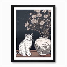 Drawing Of A Still Life Of Aster With A Cat 4 Art Print