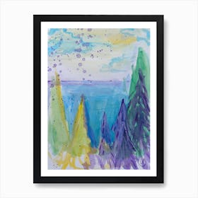 Watercolor Pine Trees - Purple Yellow Blue Art Print