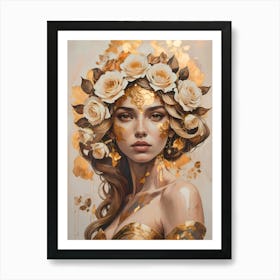 Woman with Floral Headdress and Gold Accents Art Print