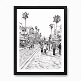 Beach View Of Los Angeles California Usa Line Art Black And White 1 Art Print