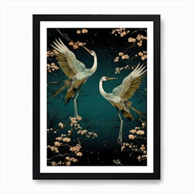 Two Cranes Flying In The Night Art Print