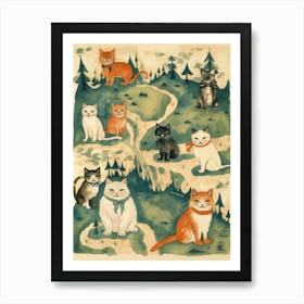 Medieval Style Map With Cats On A Hill Art Print