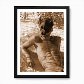 male nude photo photography fine art homoerotic gay art beige sepia man naked body hairy mask taurus minotaur erotic bedroom Art Print