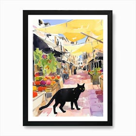 Food Market With Cats In Ibiza 3 Watercolour Art Print