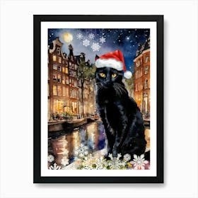 Christmas in Amsterdam ~ Black Cat Wearing a Santa Hat in Old Amsterdam Art Print