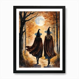 Best Friend Autumn Witches Watching the Full Moon ~ Witchy Watercolor Art by Lyra the Lavender Witch Art Print