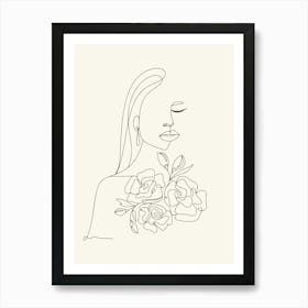 Single Line Drawing Of A Woman With Flowers Art Print