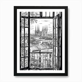 A Window View Of Vienna In The Style Of Black And White  Line Art 3 Art Print