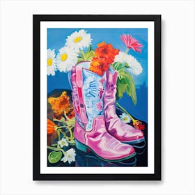 Oil Painting Of Wild Flowers And Cowboy Boots, Oil Style 1 Art Print