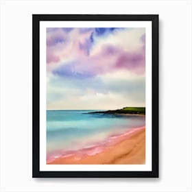 Bamburgh Beach, Northumberland Pink Watercolour Art Print