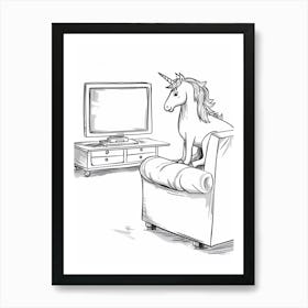 Unicorn Watching Tv Black And White Doodle Art Print