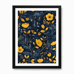 Yellow Flowers On Blue Background Art Print