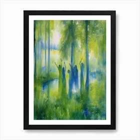 Dryads Optical Illusion Women Nymphs Trapped in the Woods Camouflaged Watercolor Awaiting a Victim Wailing Sirens - Interesting Impressionism Green Blue Birch and Willow Tree Forest and Lake - Pagan Feature Gallery Wall Siren Calling HD 2 Art Print