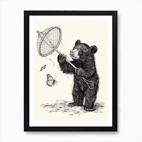 Malayan Sun Bear Cub Playing With A Butterfly Net Ink Illustration 2 Art Print