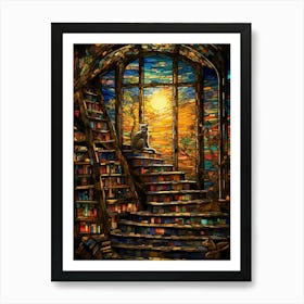 Stained Glass Of A Cat On The Stairs In A Library Art Print
