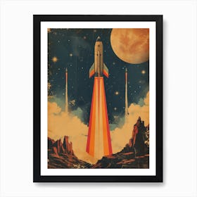 Space Odyssey: Retro Poster featuring Asteroids, Rockets, and Astronauts: Space Rocket Affiche