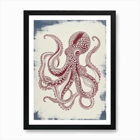 Retro Red Navy Octopus Linocut Style 2 Art Print