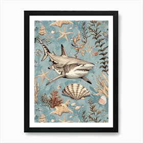 Pastel Blue Bull Shark Watercolour Seascape Pattern 1 Art Print