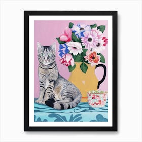 Cat With Flowers And Cup Art Print
