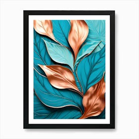 Abstract Leaves In Blue And Copper Art Print