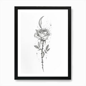 English Rose Moon And Stars Line Drawing 4 Art Print