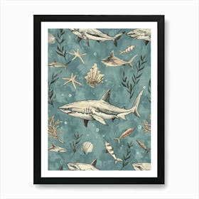 Pastel Blue Nurse Shark Watercolour Seascape Pattern 2 Art Print