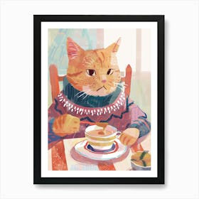 Tan Cat Having Breakfast Folk Illustration 1 Art Print