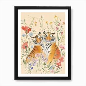 Folksy Floral Animal Drawing Tiger 2 Art Print