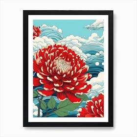 Great Wave With Zinnia Flower Drawing In The Style Of Ukiyo E 3 Art Print