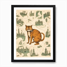 Medieval Map Of Castles & Ginger Cat Art Print