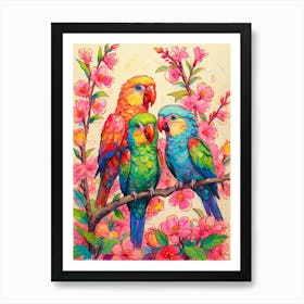 Parrots On A Branch Art Print