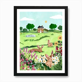 Field Bunnies with Flowers Art Print