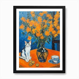 Still Life Of Lilies With A Cat 2 Art Print