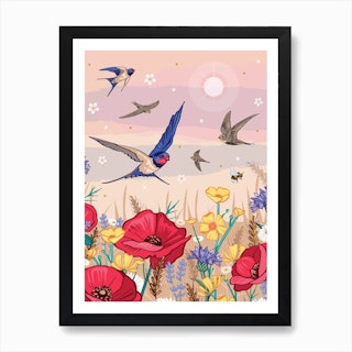 Swallows And Swifts Over The Poppy Field Art Print
