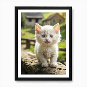 White Kitten On A Stone Wall Art Print